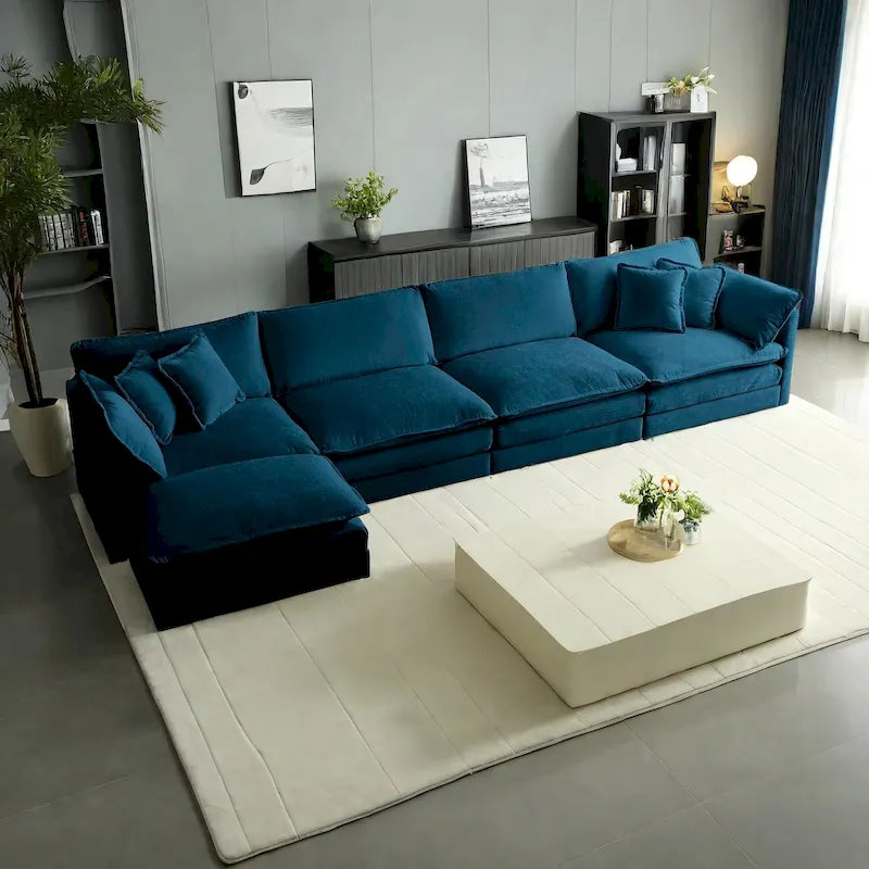 Canapé sectionnel modulable en L 5 places avec pouf, revêtement en chenille