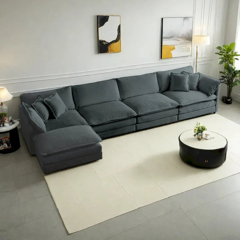 Canapé sectionnel modulable en L 5 places avec pouf, revêtement en chenille