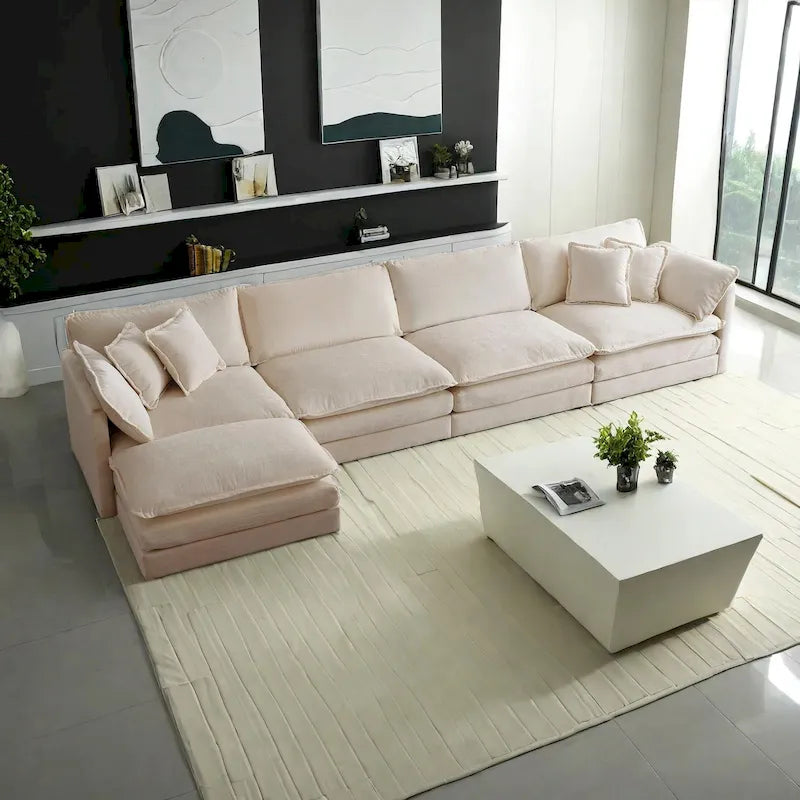 Canapé sectionnel modulable en L 5 places avec pouf, revêtement en chenille