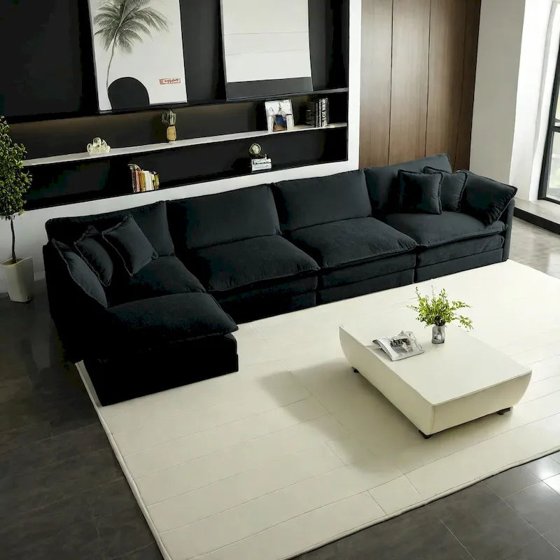 Canapé sectionnel modulable en L 5 places avec pouf, revêtement en chenille