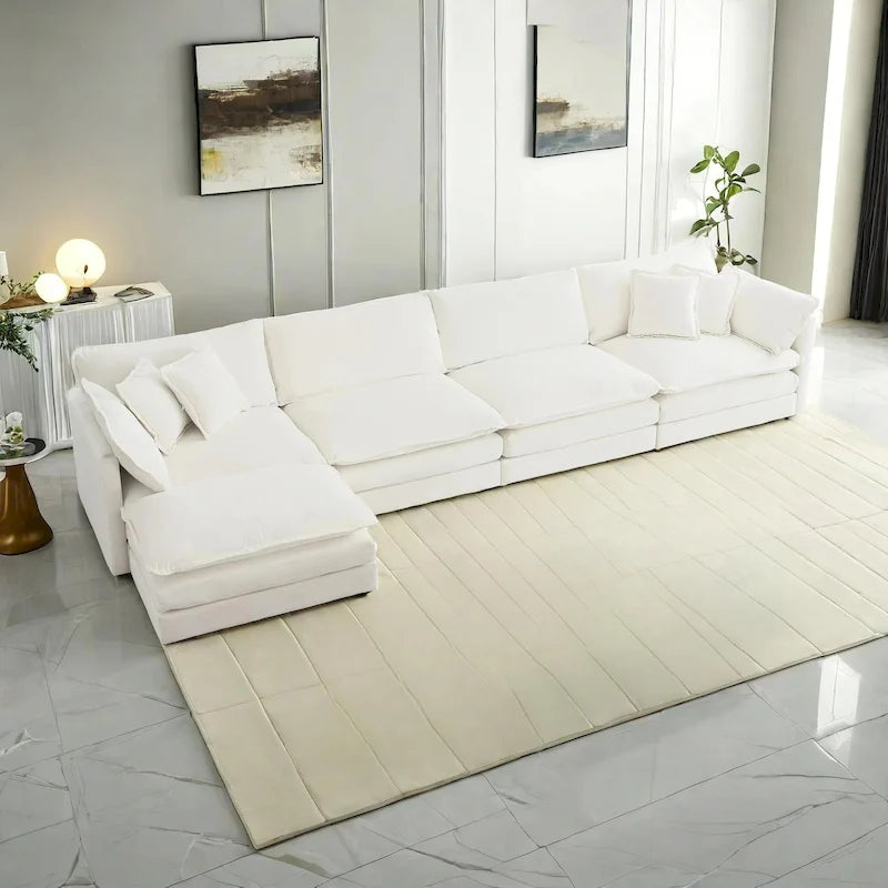 Canapé sectionnel modulable en L 5 places avec pouf, revêtement en chenille