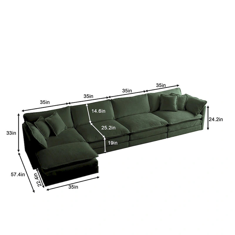 Canapé sectionnel modulable en L 5 places avec pouf, revêtement en chenille