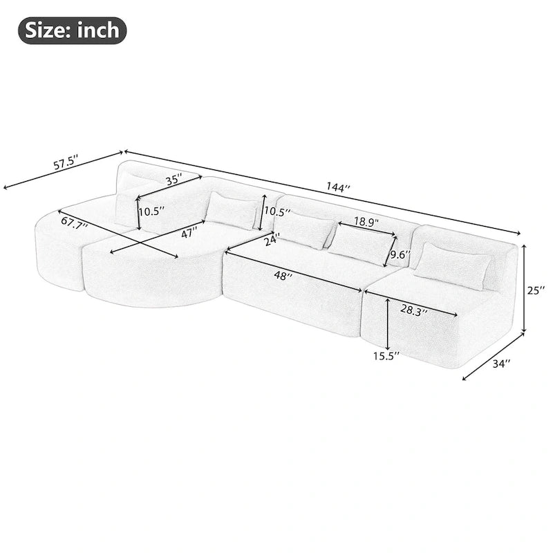 Canapé modulaire rembourré avec 2 méridiennes incurvées et 5 coussins de dossier, canapé modulable pour salon