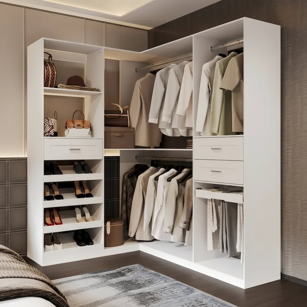 Corner Wardrobe Closet with 2 Hanging Rods, Pants Rack, and Shoe Storage Organizer Armoires