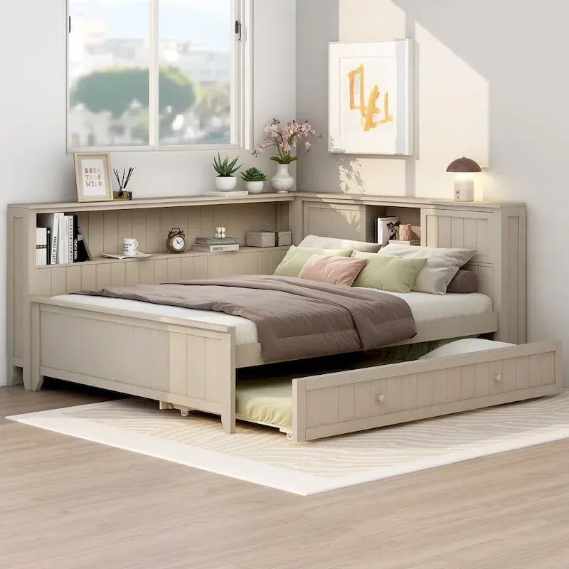 Antique White L-Shaped Full Daybed with Storage Shelves, Sliding Door Compartments & Hidden Trundle