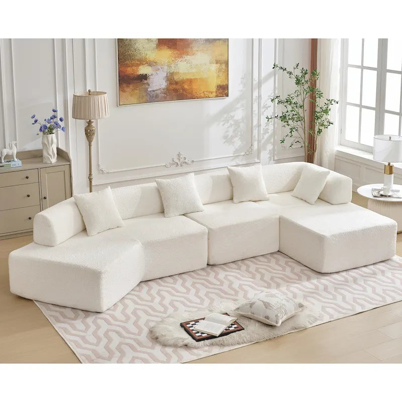 Canapé sectionnel modulaire en forme de L, 3 pièces, en tissu bouclé, blanc ivoire, 140 po, grande taille, combinaison libre, aucun assemblage requis