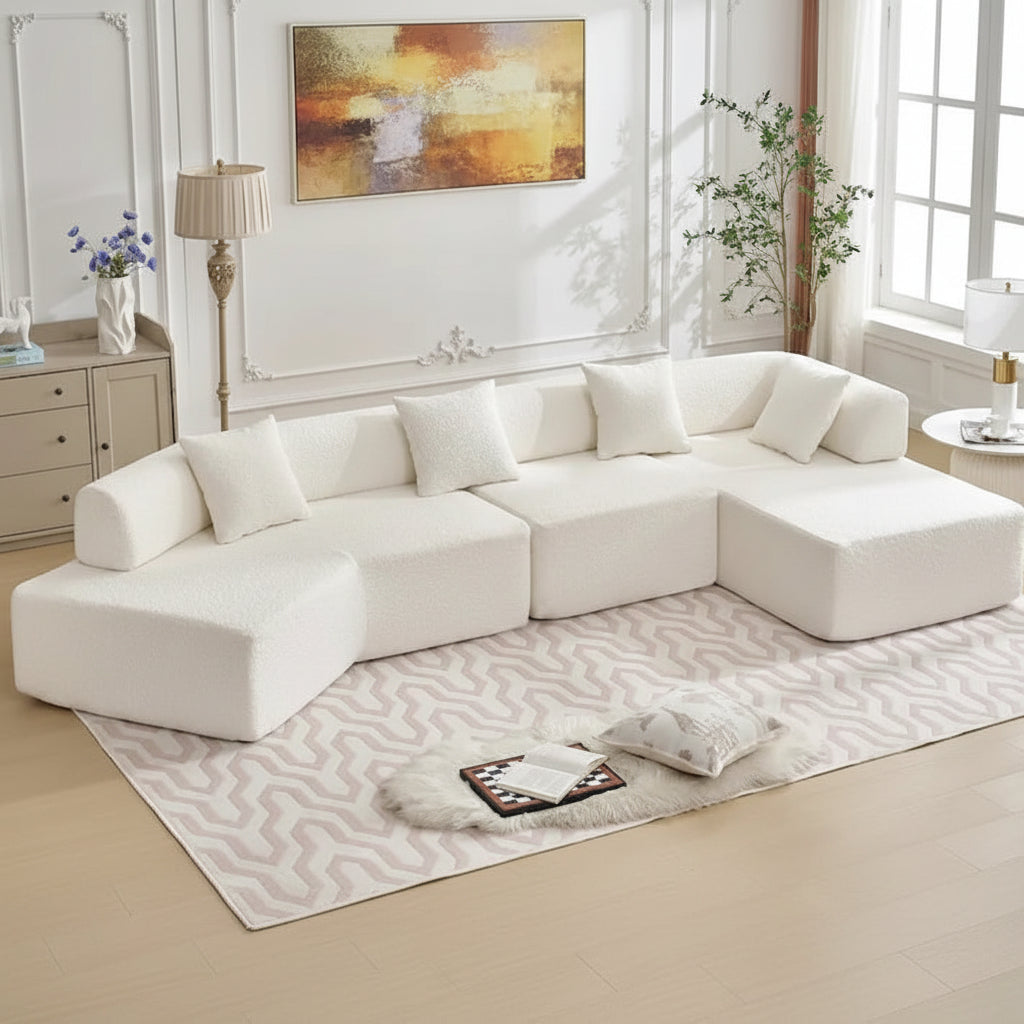 White 140 Oversized Boucle Upholstered L-Shaped Modular Sectional Sofa, 3-piece Free Combination, No Assembly Required