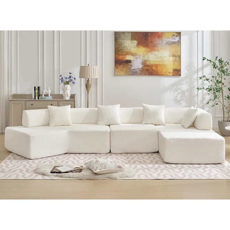 Canapé sectionnel modulaire en forme de L, 3 pièces, en tissu bouclé, blanc ivoire, 140 po, grande taille, combinaison libre, aucun assemblage requis