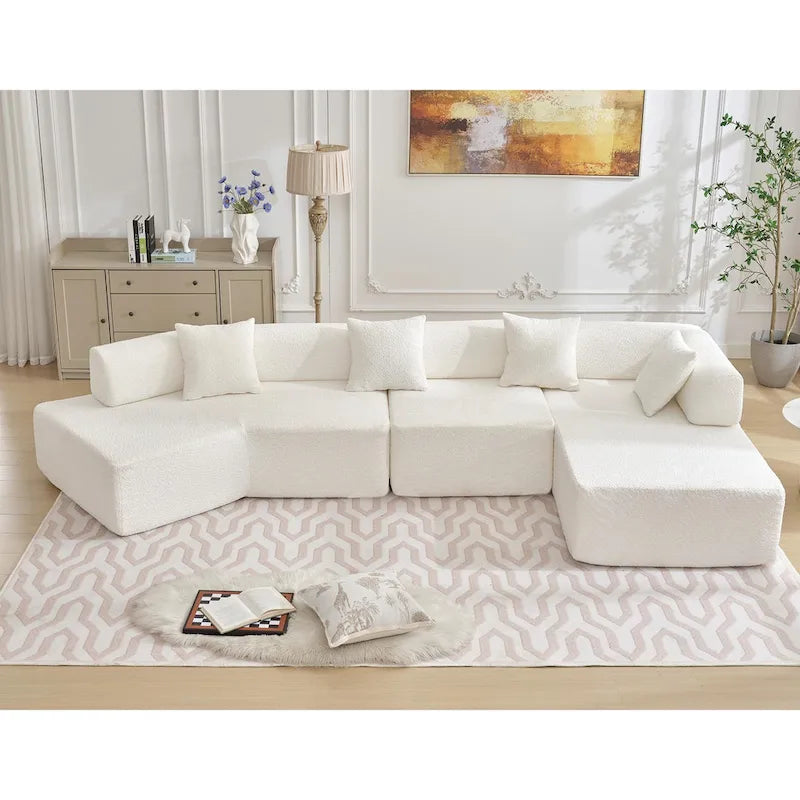 Canapé sectionnel modulaire en forme de L, 3 pièces, en tissu bouclé, blanc ivoire, 140 po, grande taille, combinaison libre, aucun assemblage requis