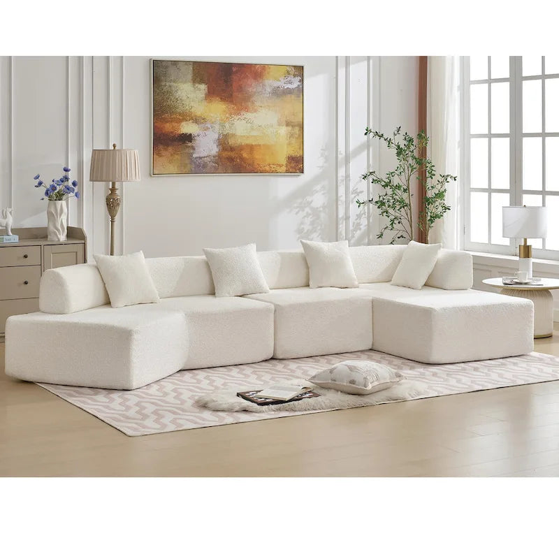 Canapé sectionnel modulaire en forme de L, 3 pièces, en tissu bouclé, blanc ivoire, 140 po, grande taille, combinaison libre, aucun assemblage requis