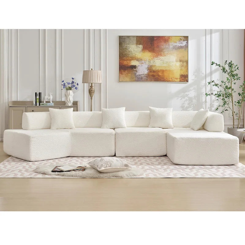 Canapé sectionnel modulaire en forme de L, 3 pièces, en tissu bouclé, blanc ivoire, 140 po, grande taille, combinaison libre, aucun assemblage requis