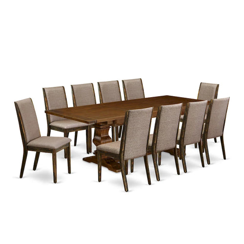 Ensemble de salle à manger 11 pièces - Une table en bois et 10 chaises rembourrées en tissu lin (options de finition)